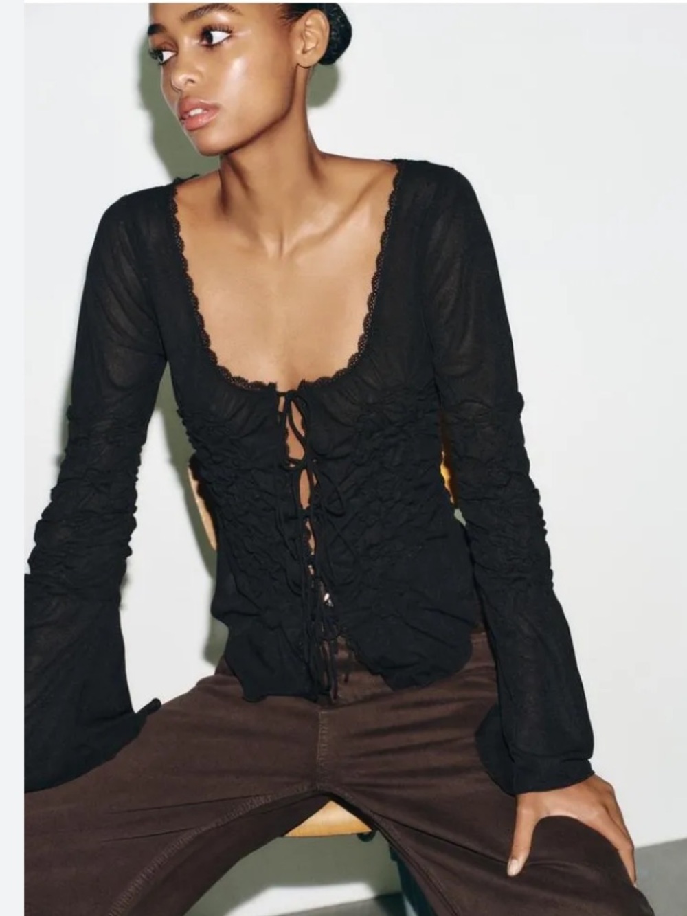 Zara Black Lace-Trim Tie-Front Long Sleeve Top
